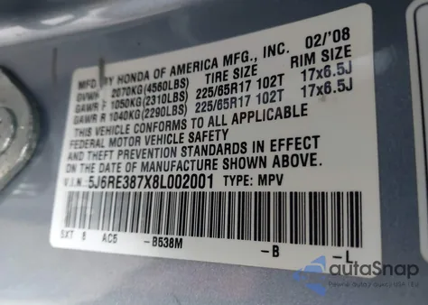 2008 Honda Cr-V Ex-L z USA, uszkodzony, nr VIN 5J6RE387X8L002001